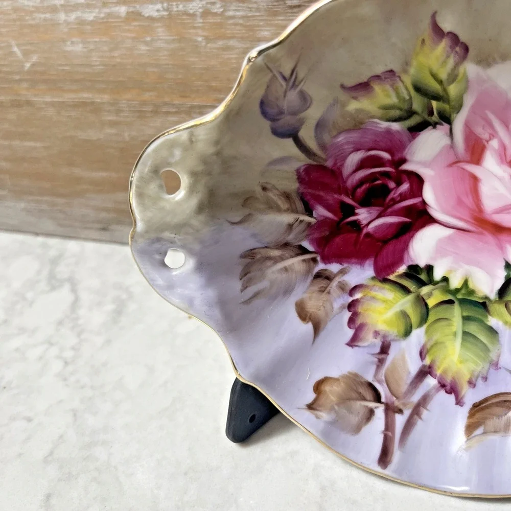 Vintage Lefton Hand Painted China Roses Purple Gold Trim Bowl w Handles